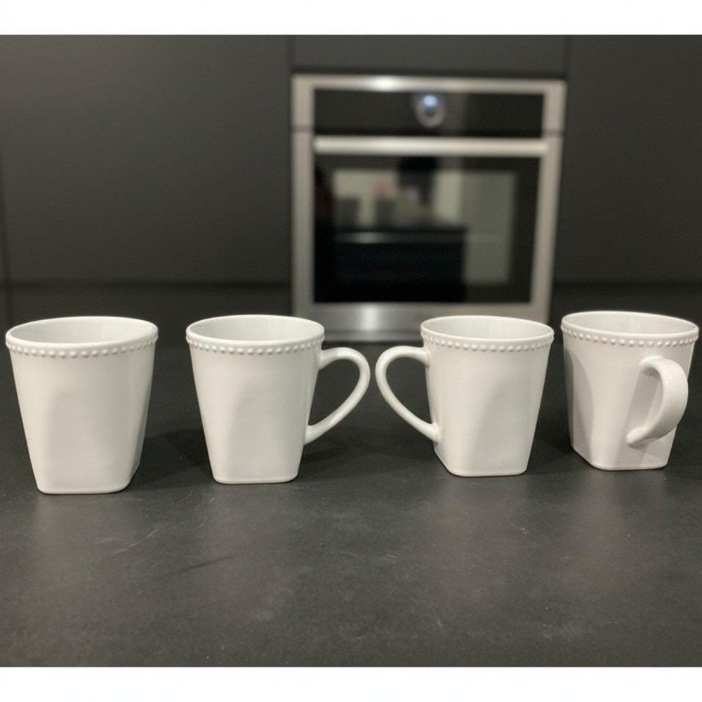 10 Strawberry Street White Beaded Mugs, Set of 4, Modern Farmhouse Drinkware